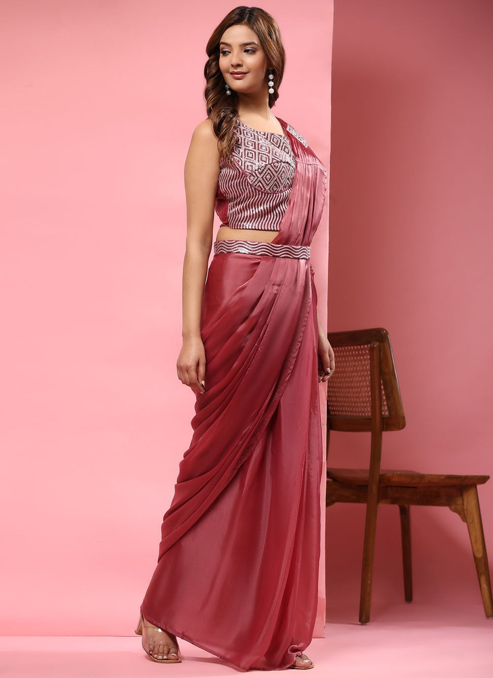 Trendy Embroidered Imported, Satin Saree - S5398