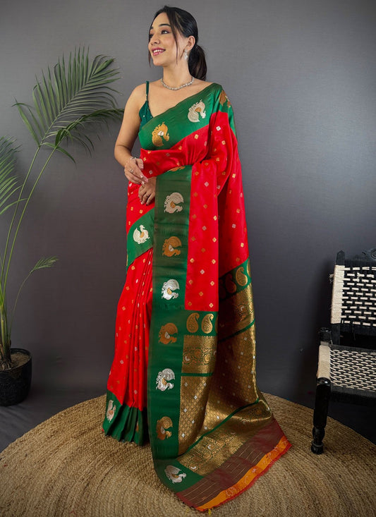 Red Banarasi Silk Trendy Saree Weaving Zari S17679
