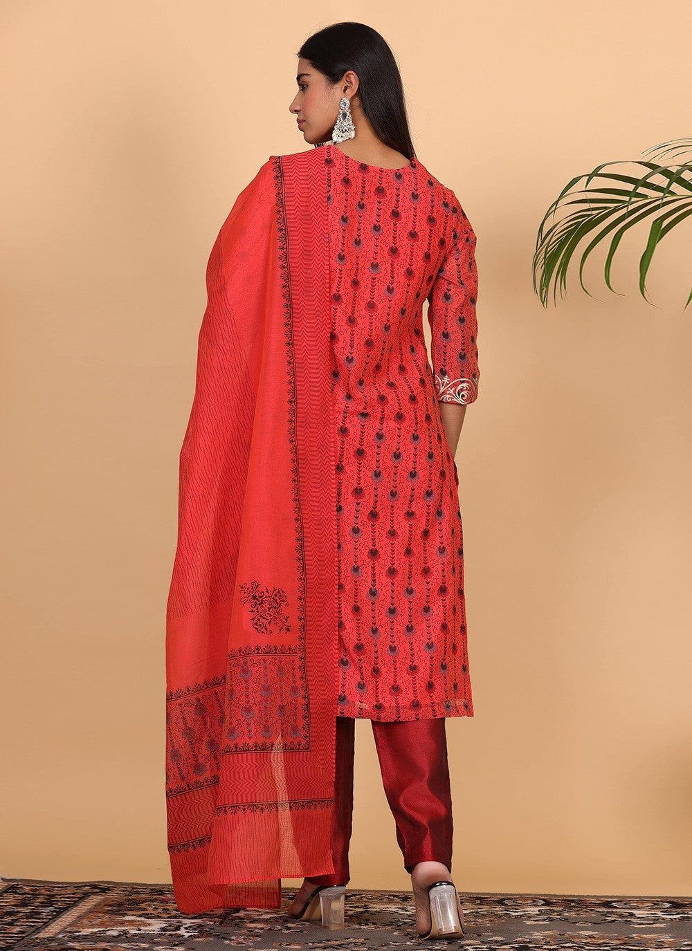Printed Chanderi Red Salwar Suit T5942