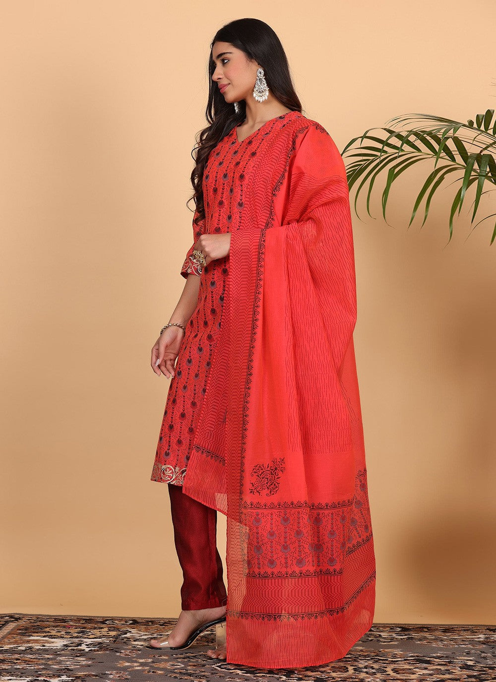 Printed Chanderi Red Salwar Suit T5942