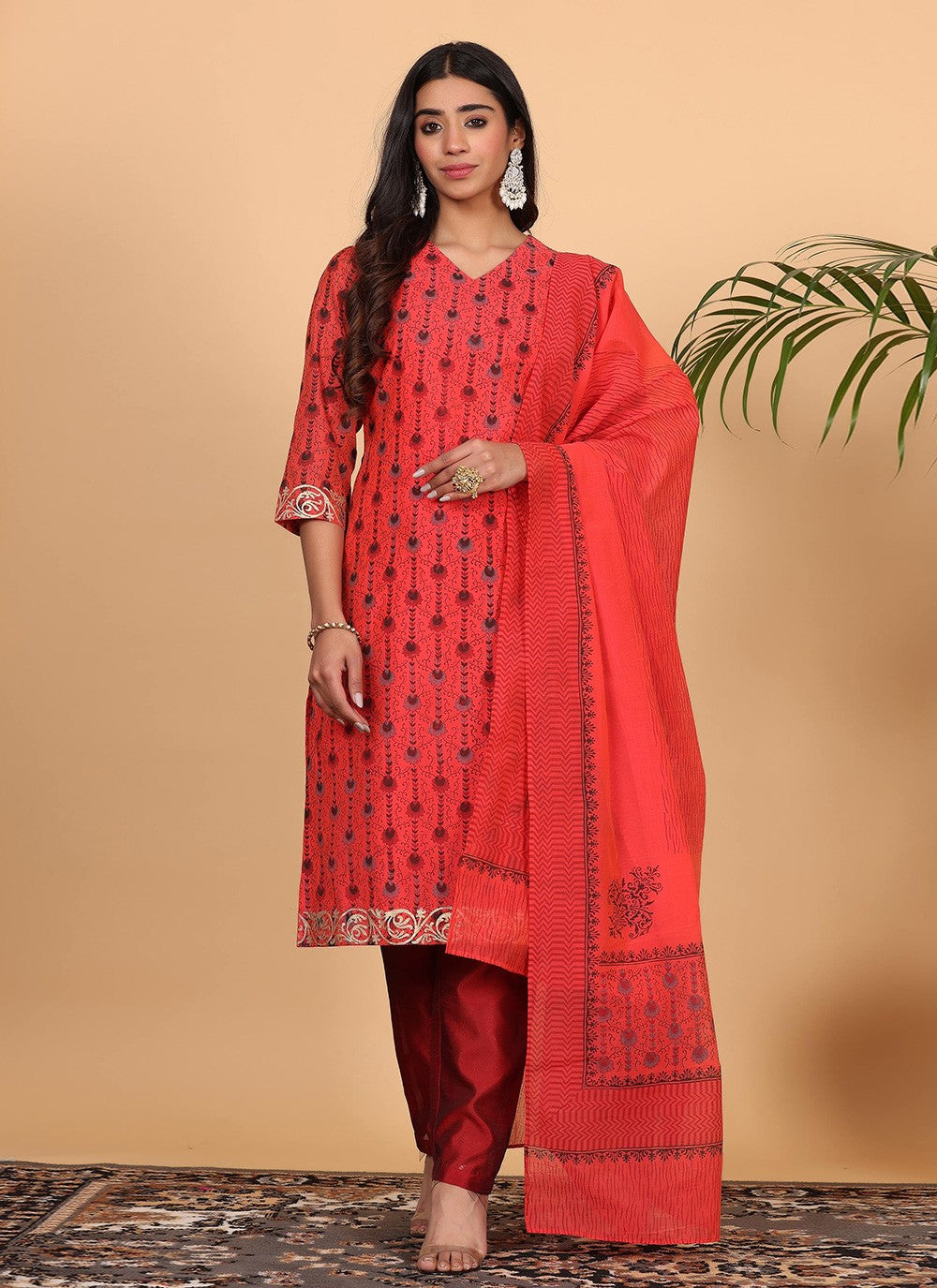 Printed Chanderi Red Salwar Suit T5942