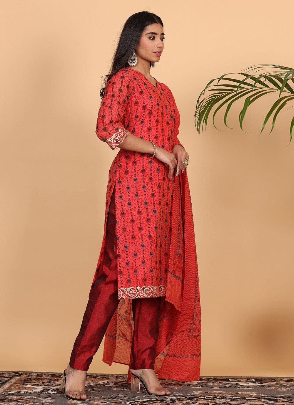 Printed Chanderi Red Salwar Suit T5942