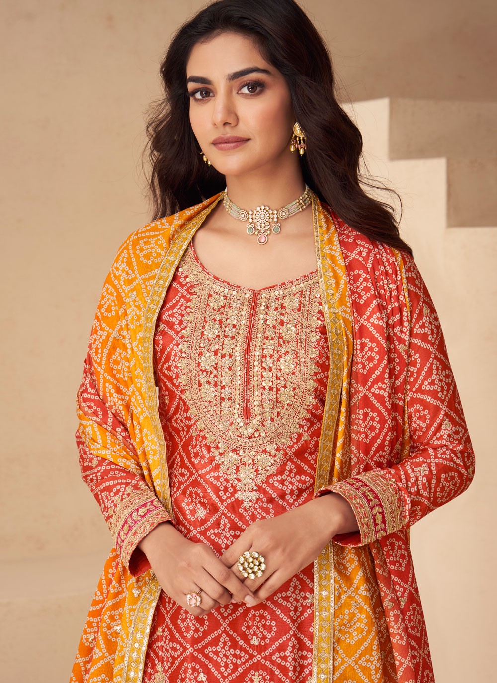 Palazzo Suit Digital Print, Embroidered Red T8912