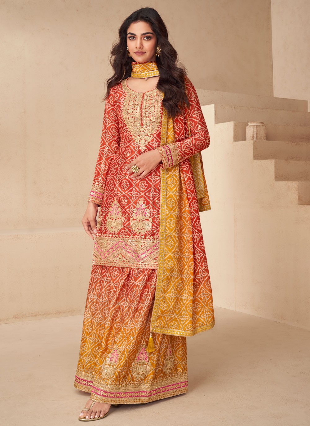 Palazzo Suit Digital Print, Embroidered Red T8912