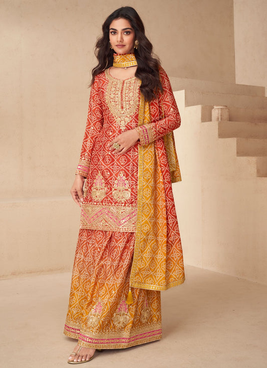 Palazzo Suit Digital Print, Embroidered Red T8912