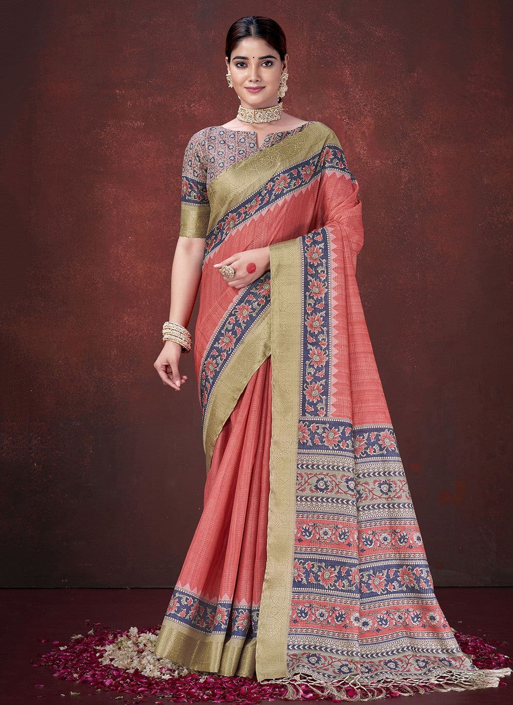 Red Silk Classic Saree Foliage Prints S19631