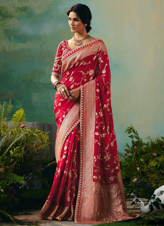 Red Silk Classic Saree Embroidered, Weaving Zari S20199