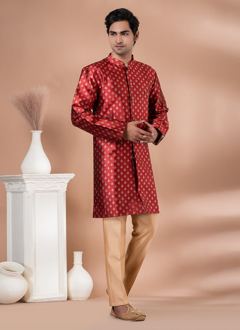 Embroidered Jacquard Silk Red Indo Western - M7051