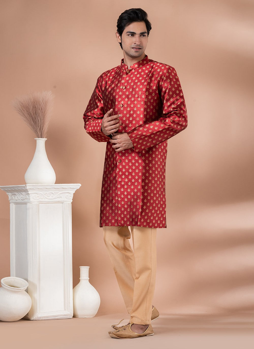 Embroidered Jacquard Silk Red Indo Western - M7051