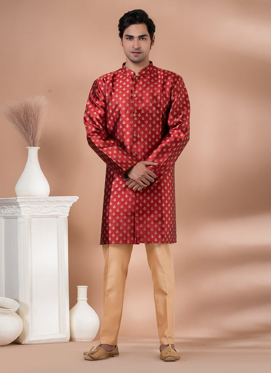 Embroidered Jacquard Silk Red Indo Western - M7051