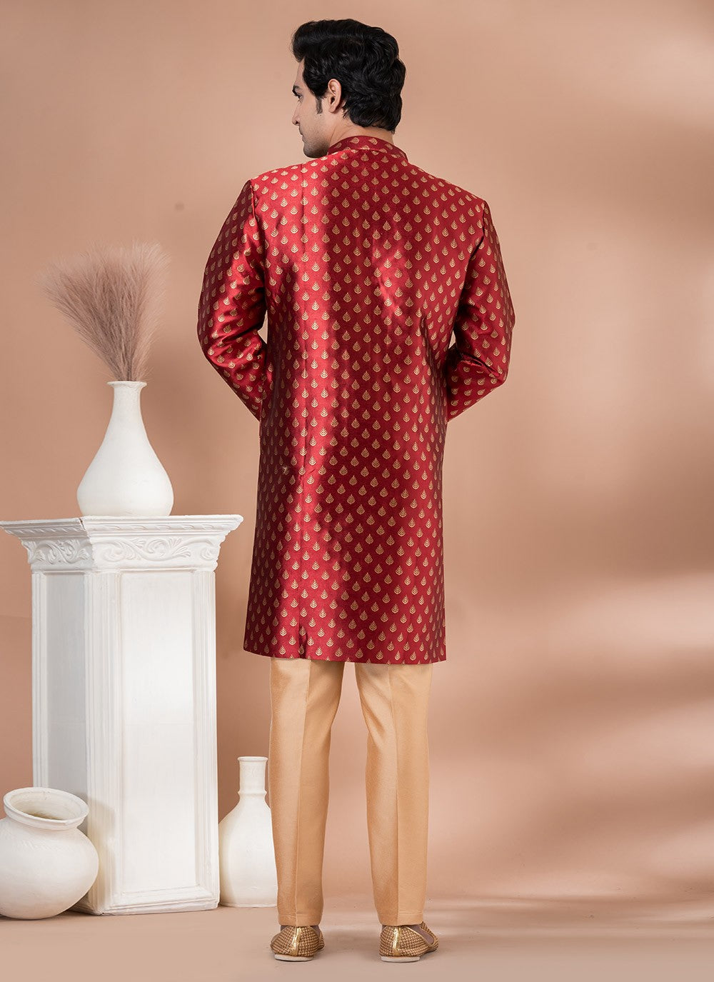 Embroidered Jacquard Silk Red Indo Western - M7051