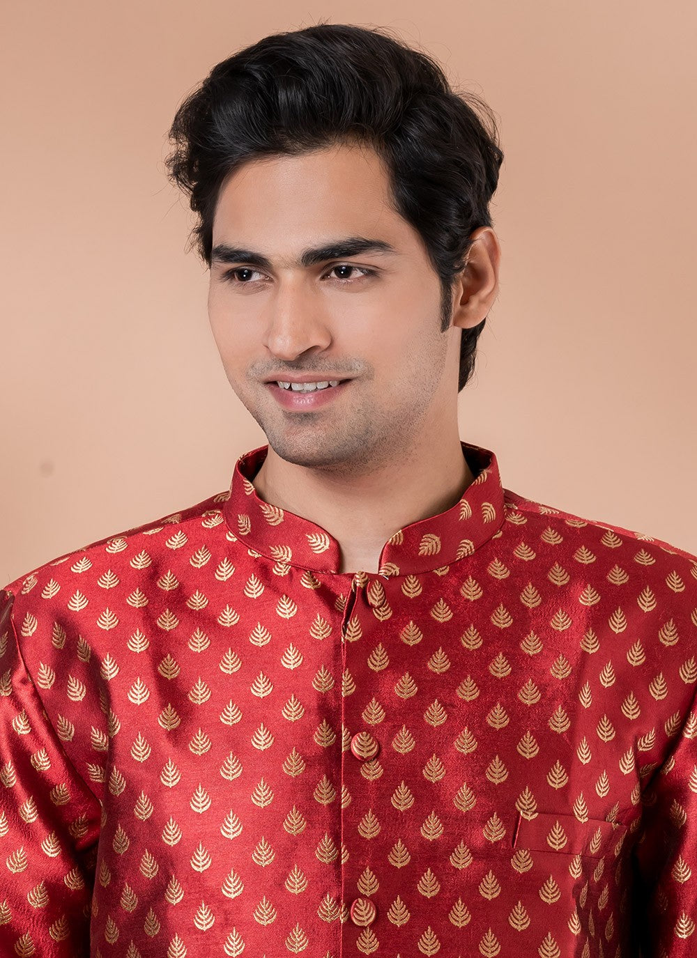 Embroidered Jacquard Silk Red Indo Western - M7051