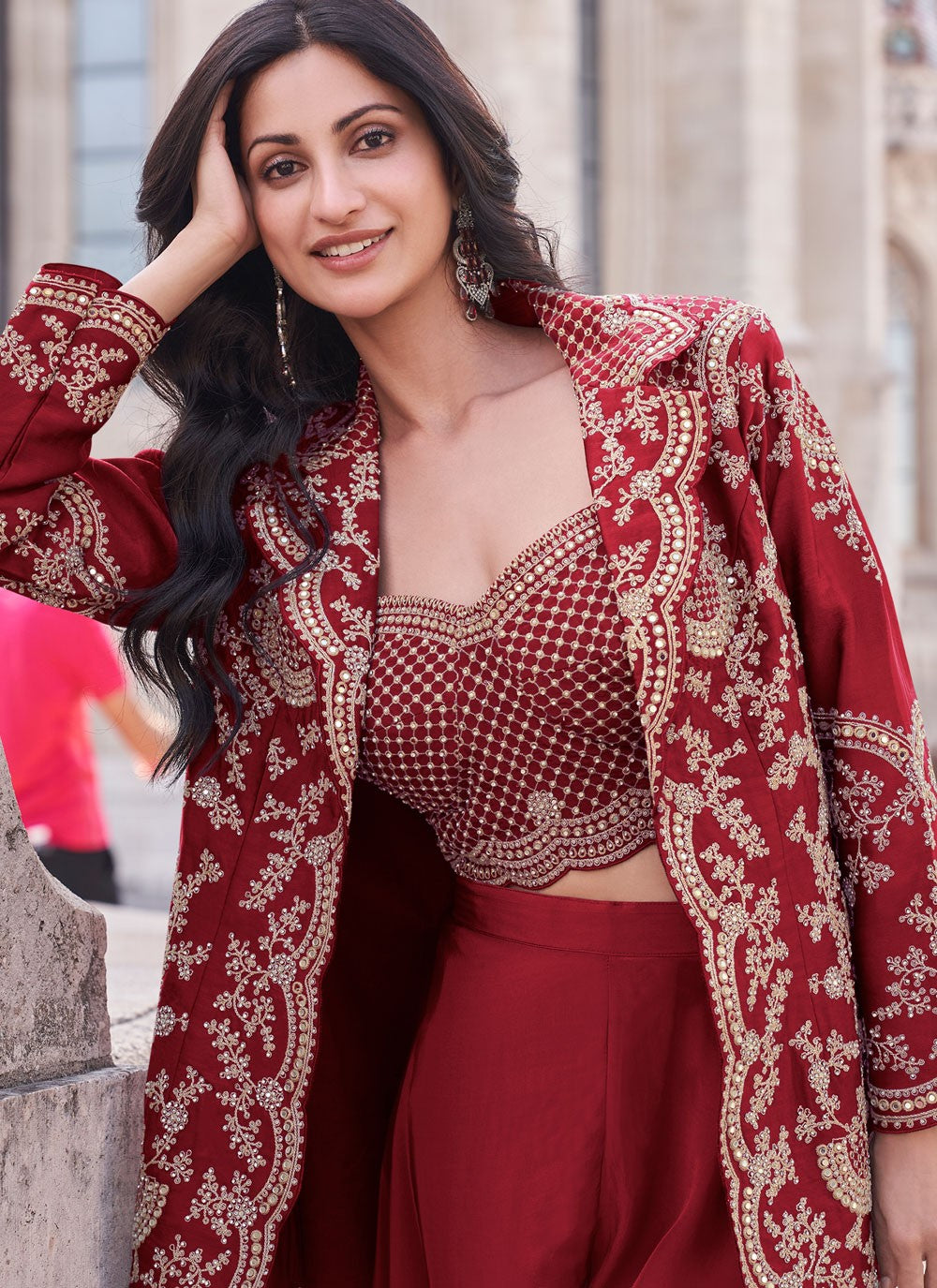 Jacket Style Suit Embroidered Red Silk T5427