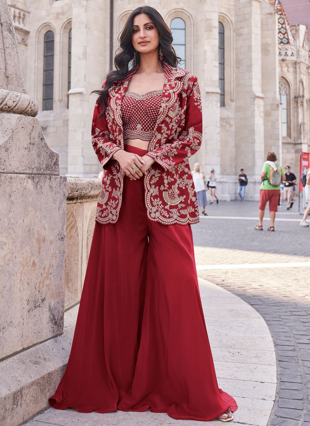 Jacket Style Suit Embroidered Red Silk T5427