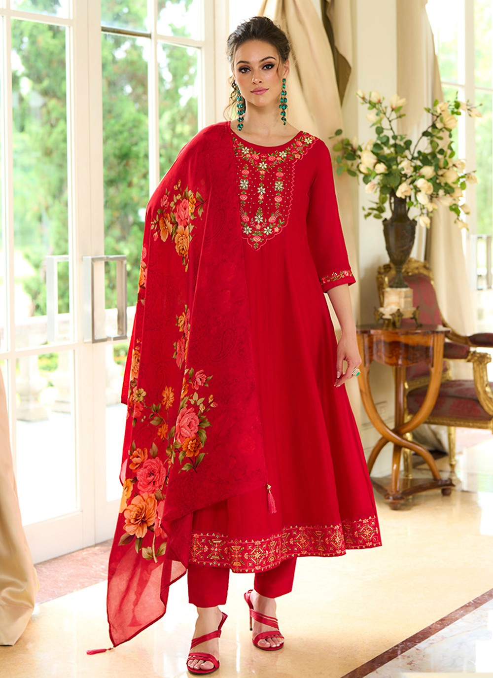 Anarkali Embroidered, Hand Embroidery Red T8164