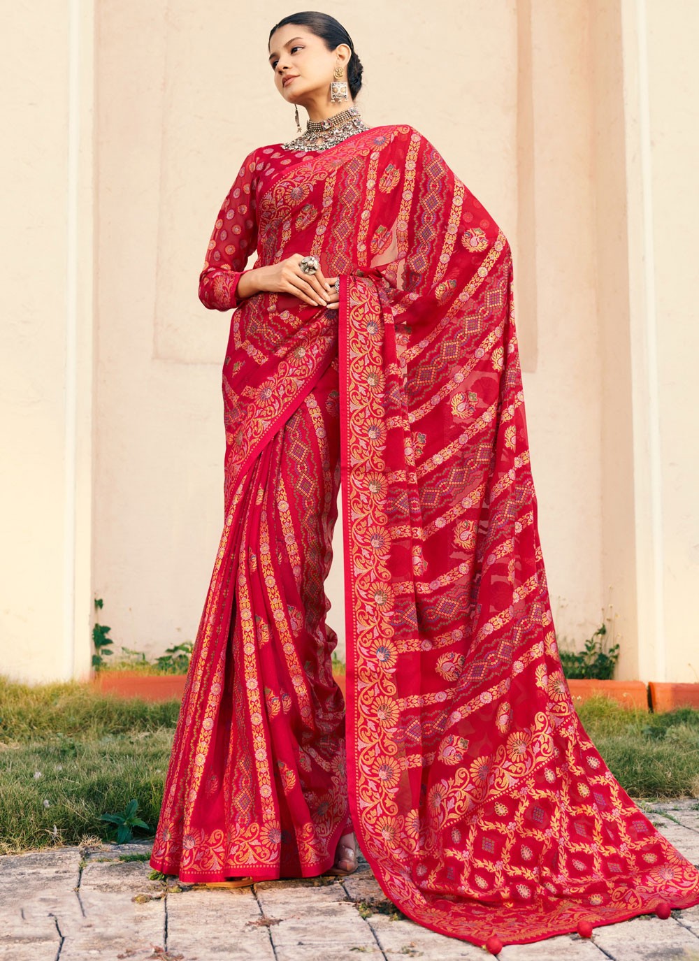 Contemporary Printed Red Georgette Saree S13665