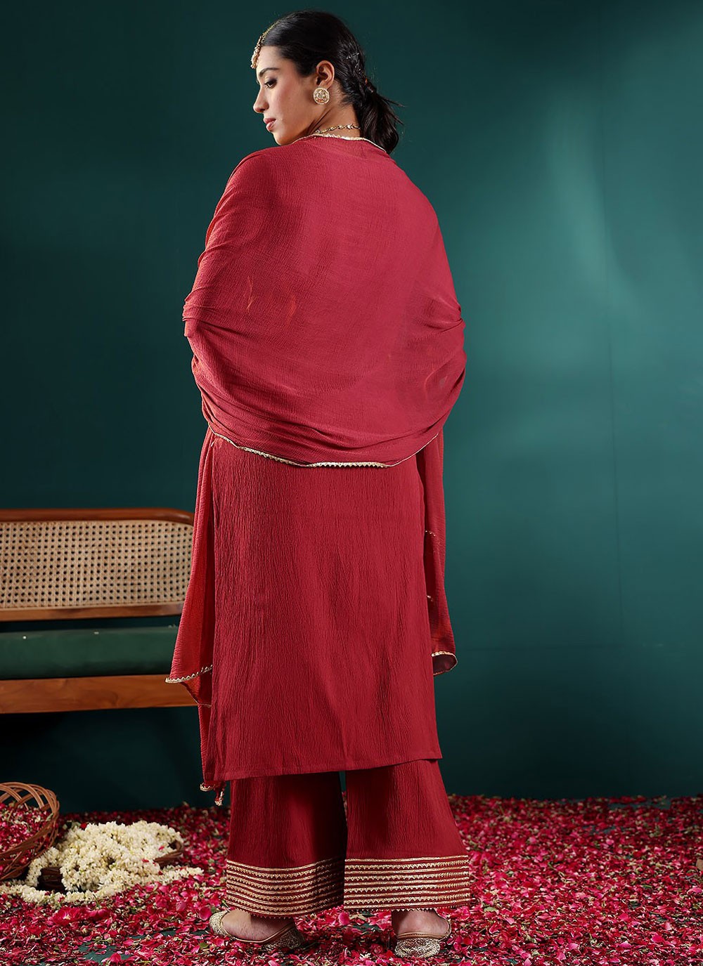 Salwar Suit Embroidered Red Crepe Silk T5650