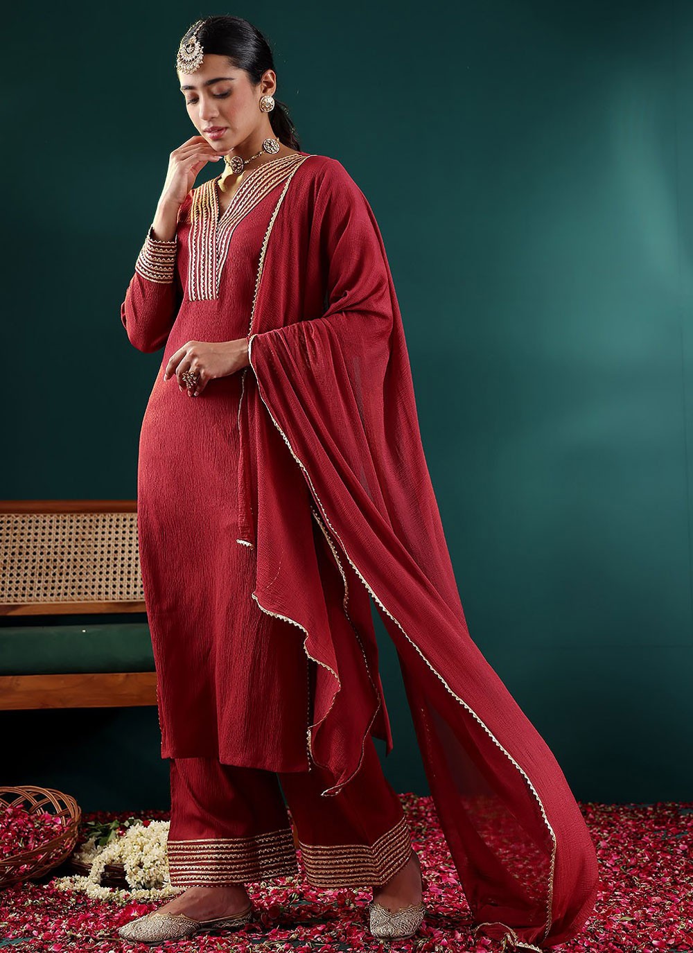 Salwar Suit Embroidered Red Crepe Silk T5650