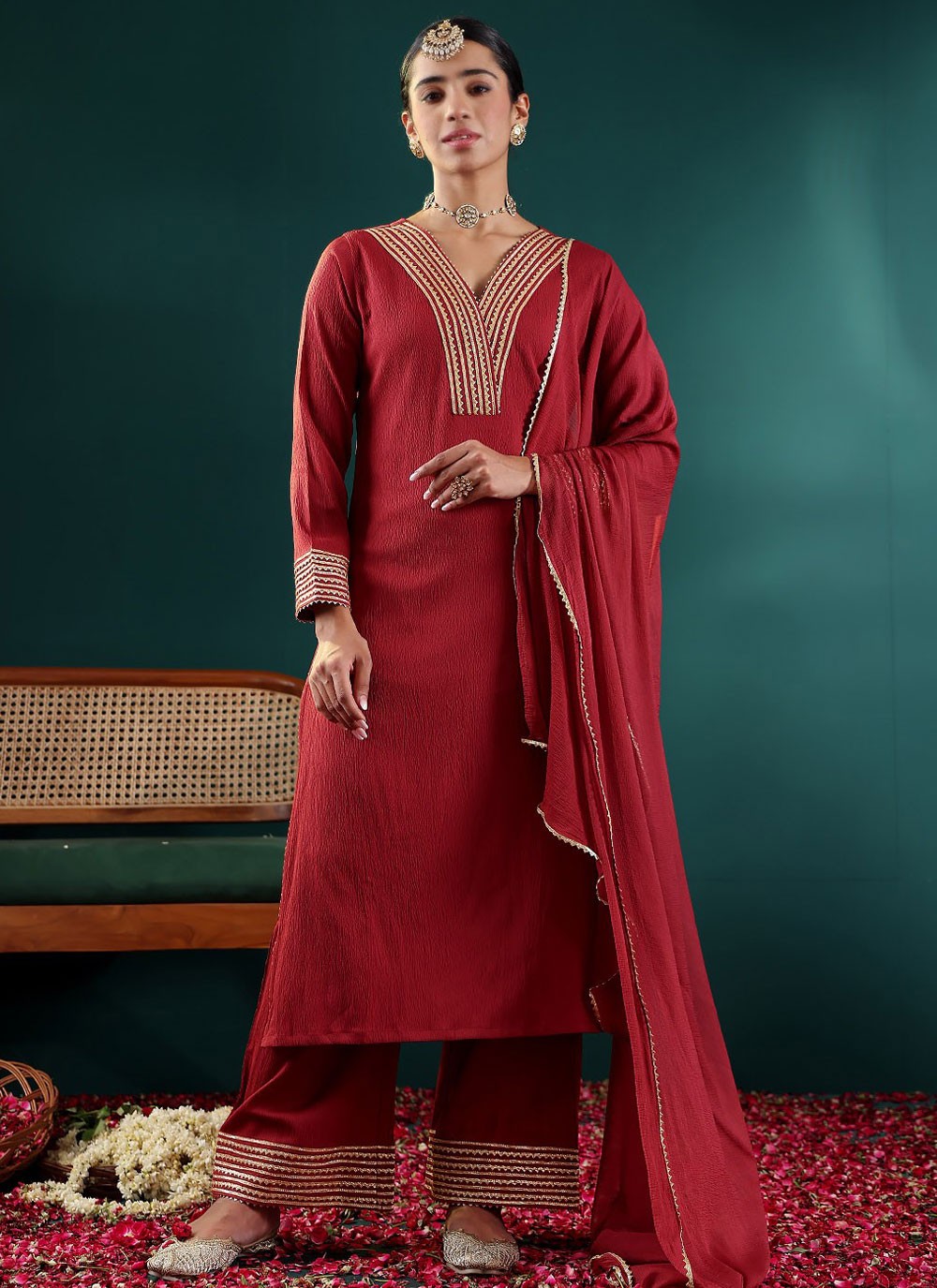 Salwar Suit Embroidered Red Crepe Silk T5650