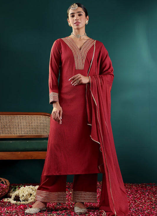 Salwar Suit Embroidered Red Crepe Silk T5650