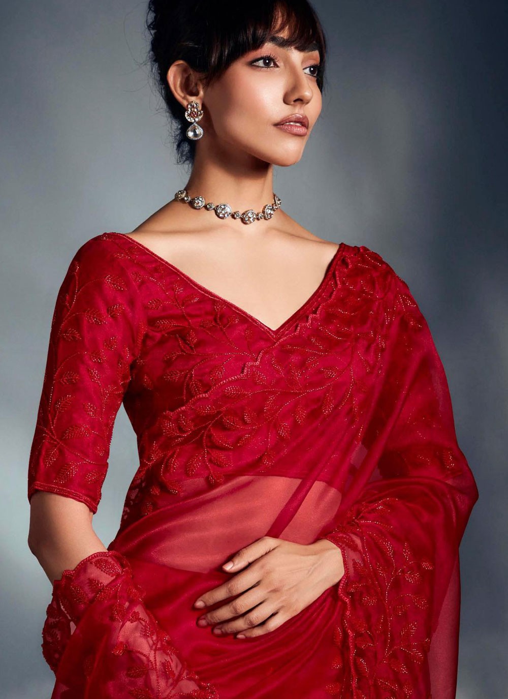 Red Fancy Fabric Traditional Saree Cut Work, Cutdana, Embroidered S19066