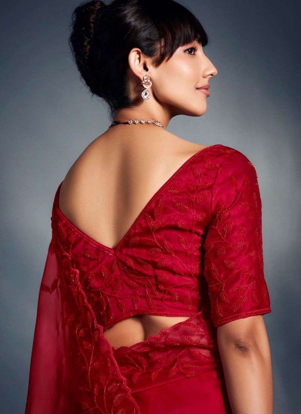 Red Fancy Fabric Traditional Saree Cut Work, Cutdana, Embroidered S19066