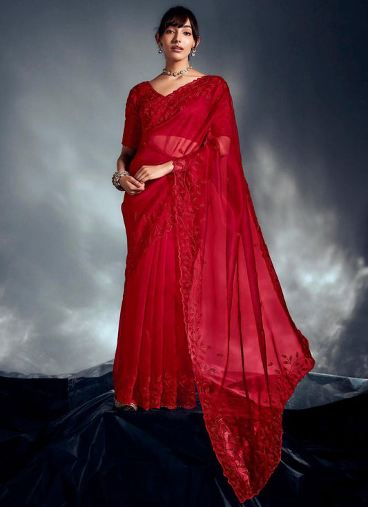Red Fancy Fabric Traditional Saree Cut Work, Cutdana, Embroidered S19066