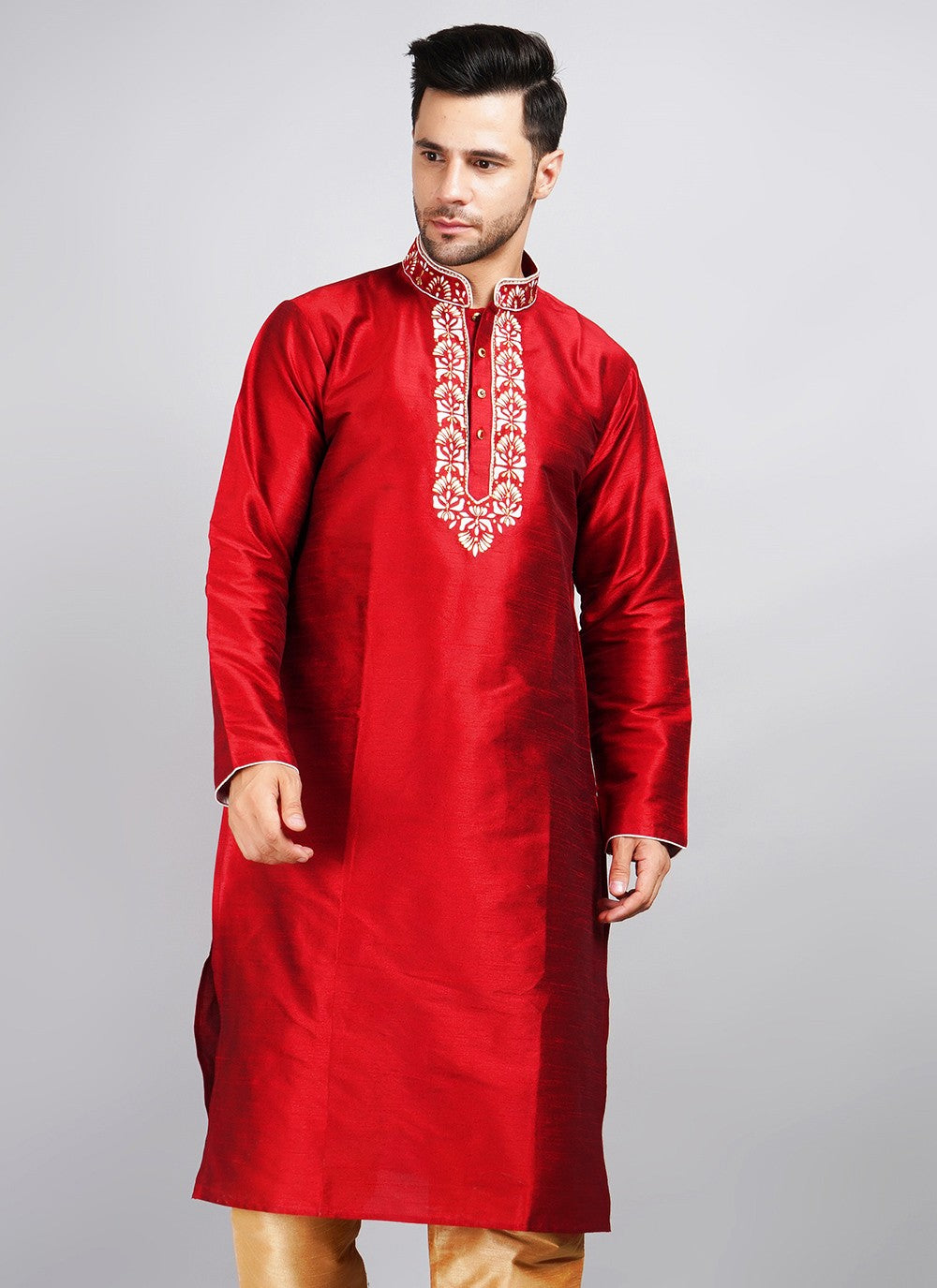 Machine Embroidery Dupion Silk Red Kurta - M5741