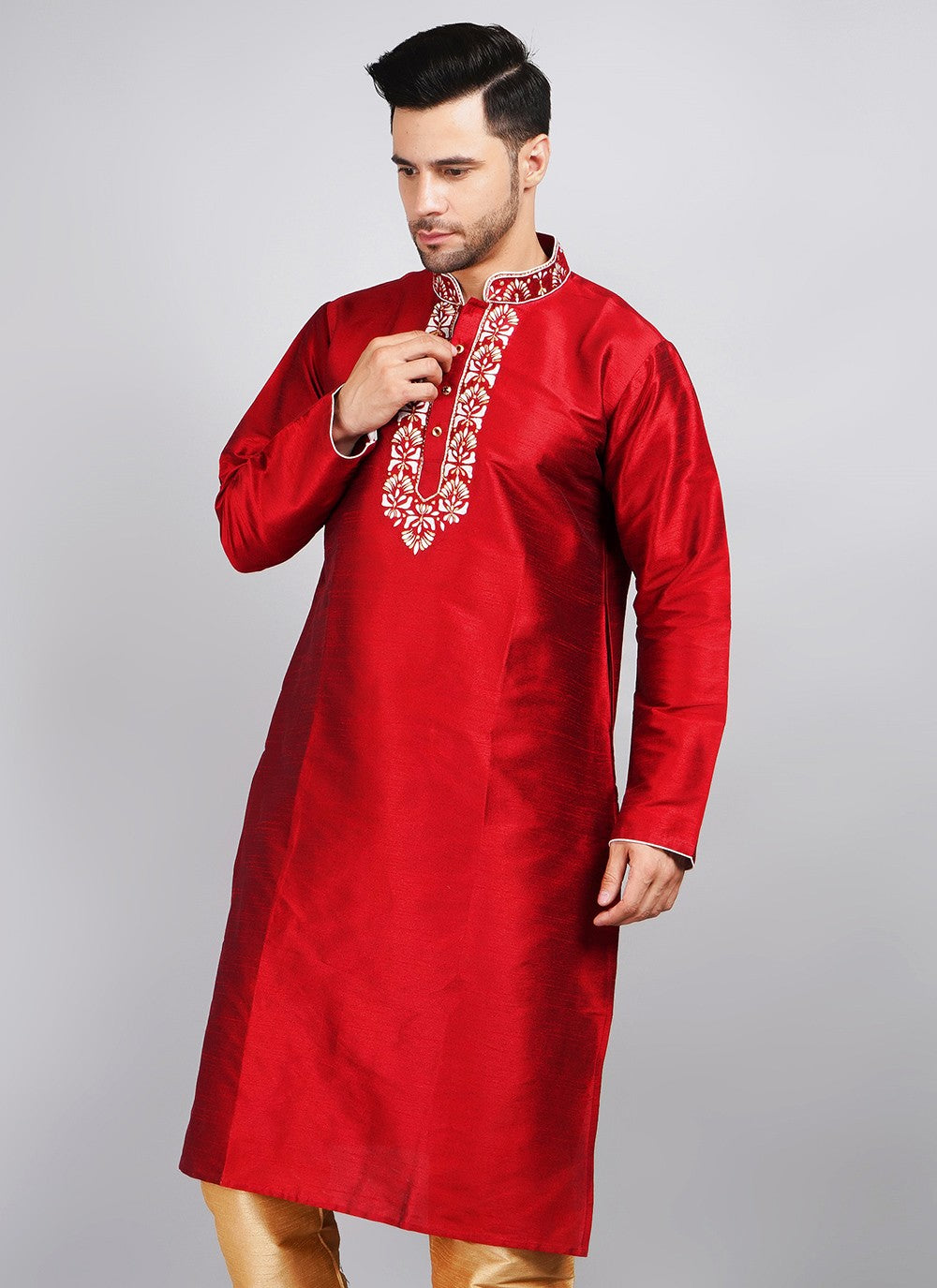 Machine Embroidery Dupion Silk Red Kurta - M5741