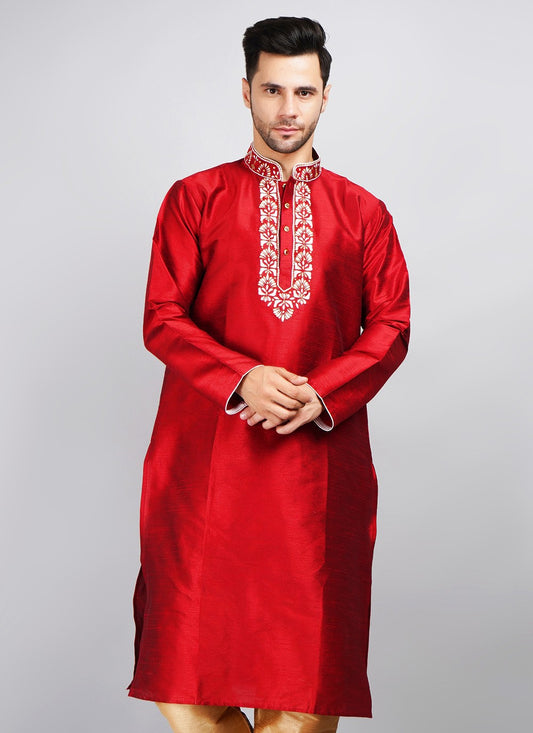 Machine Embroidery Dupion Silk Red Kurta - M5741