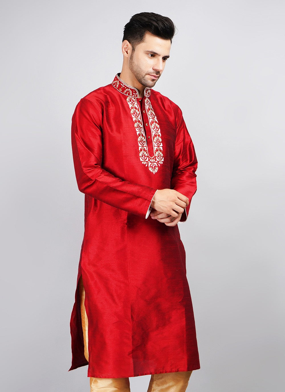 Machine Embroidery Dupion Silk Red Kurta - M5741