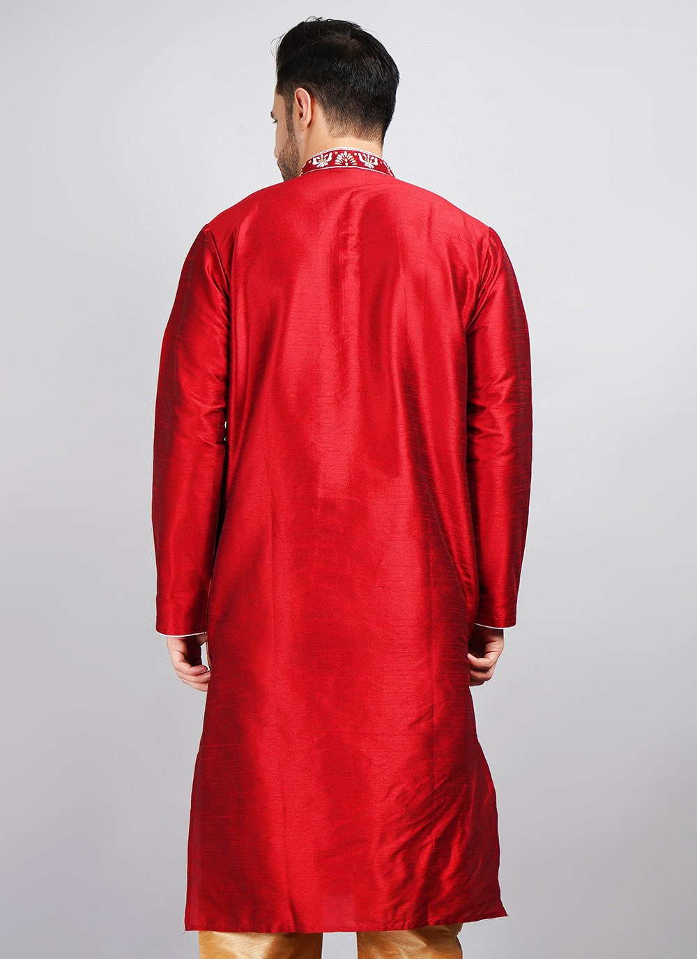 Machine Embroidery Dupion Silk Red Kurta - M5741