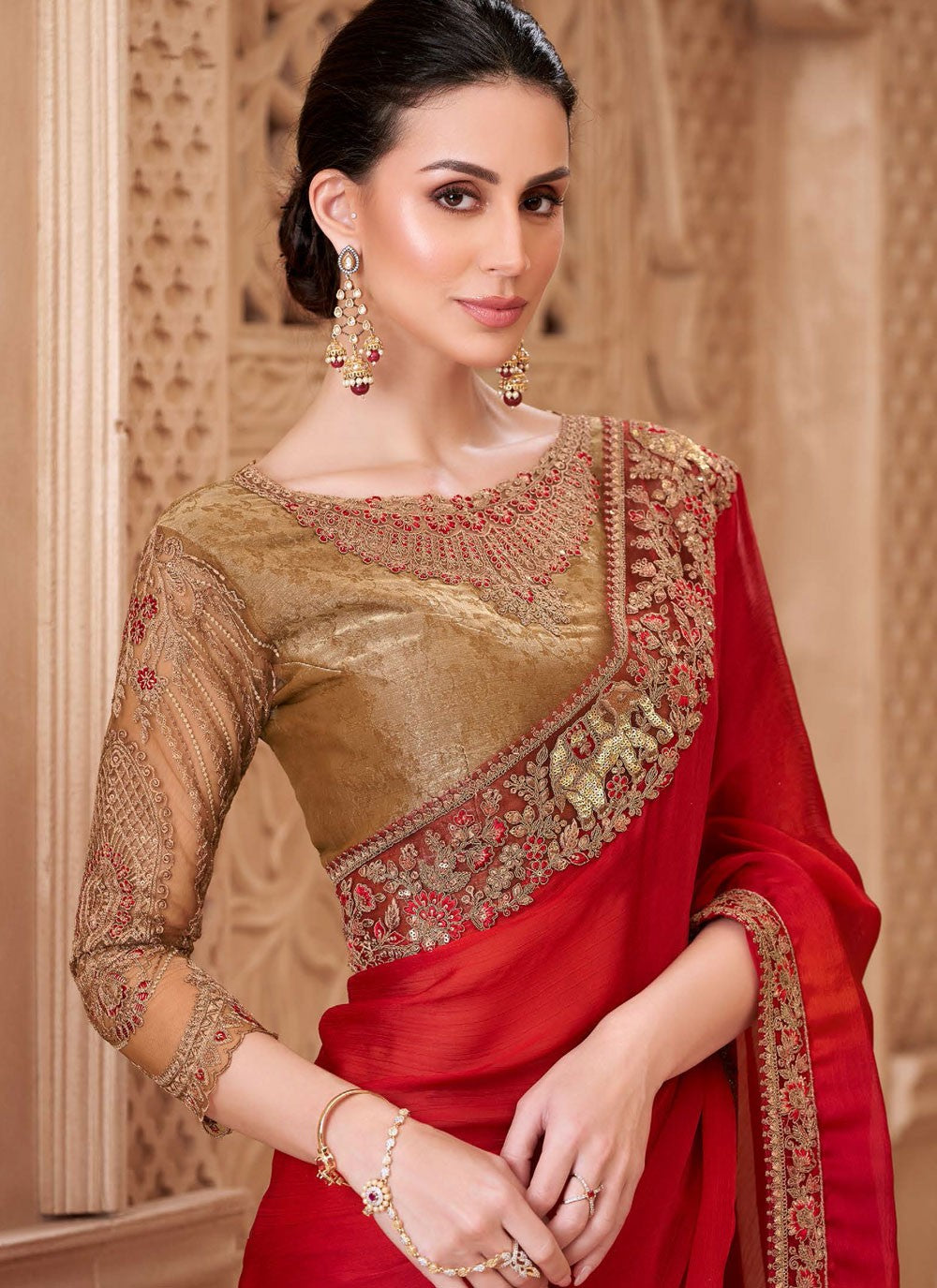 Red Satin Silk Contemporary Saree Border Work, Embroidered S19793