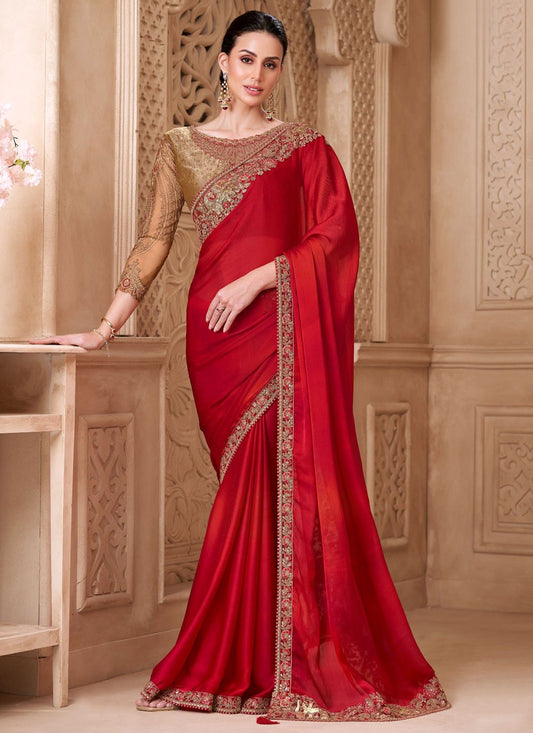 Red Satin Silk Contemporary Saree Border Work, Embroidered S19793