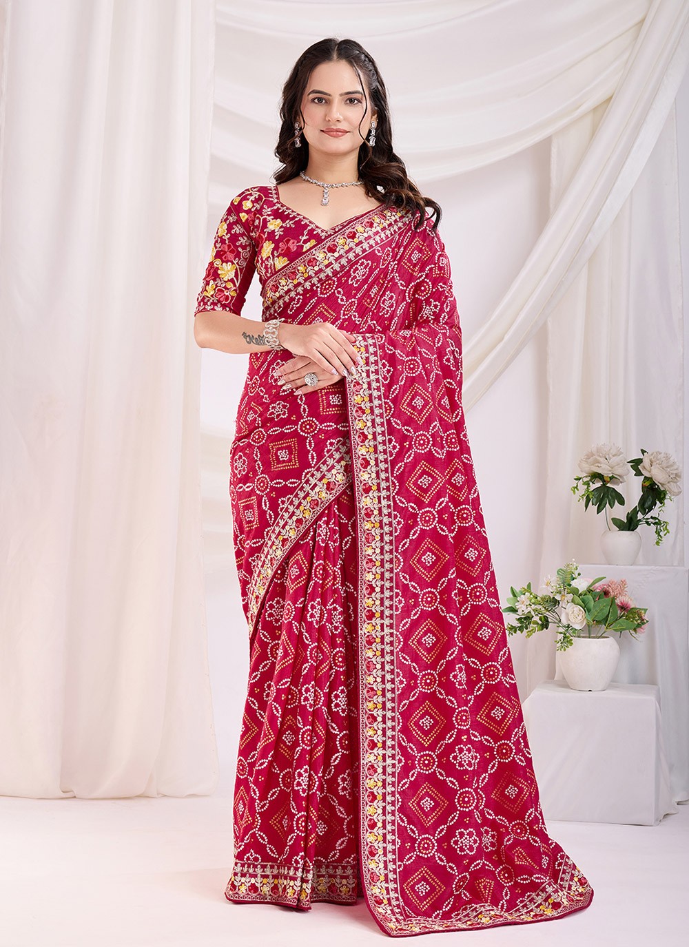Embroidered Vichitra Silk Red Saree S14109
