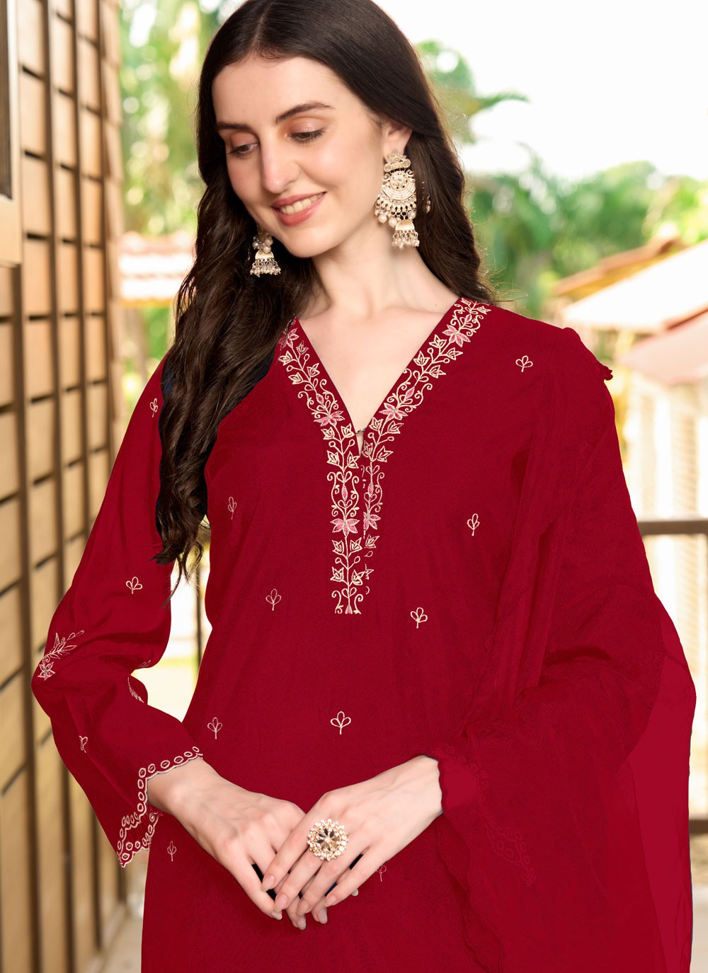 Salwar Suit Embroidered Red Silk T5338