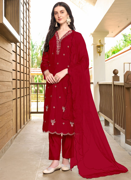 Salwar Suit Embroidered Red Silk T5338