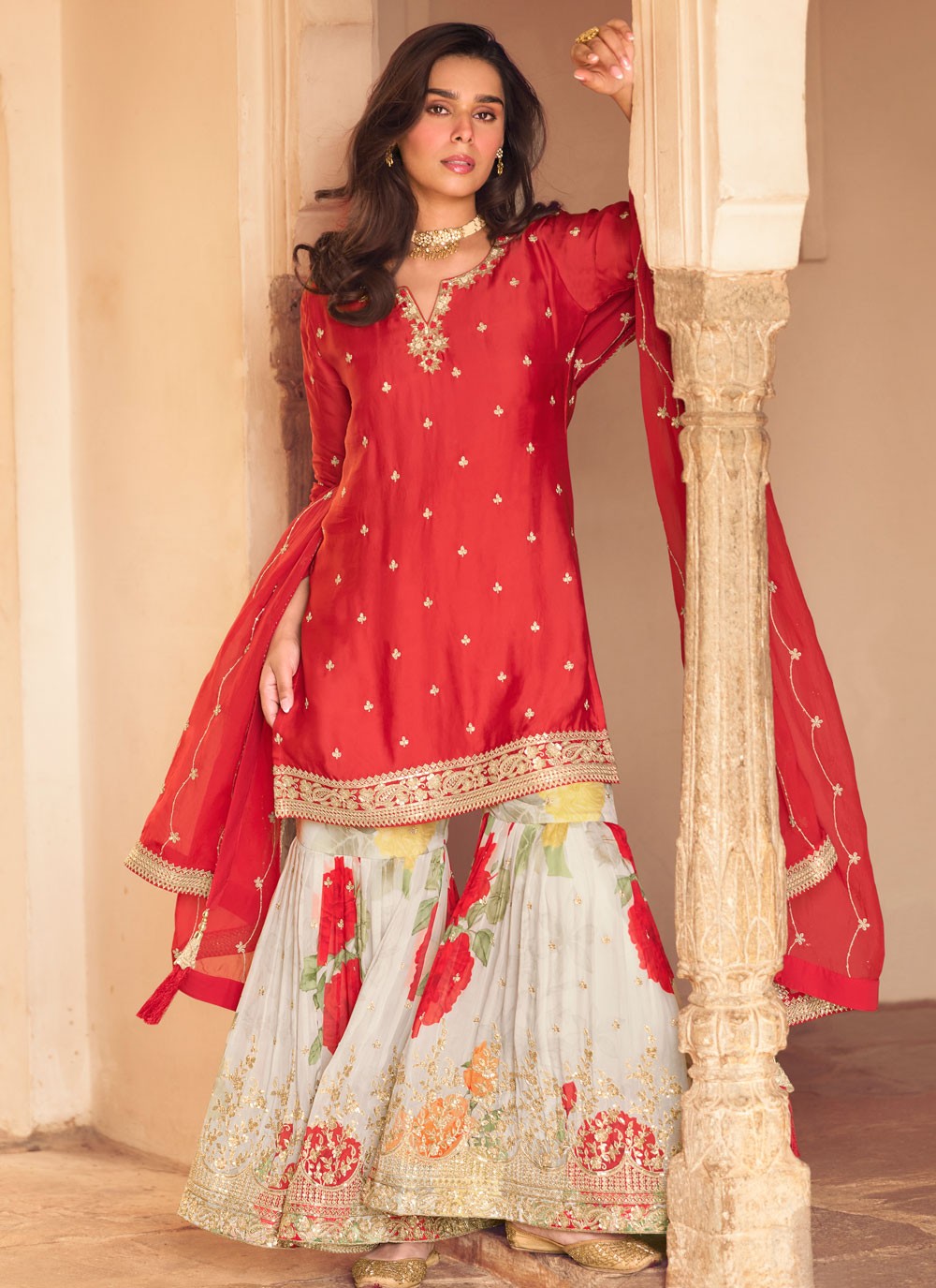 Palazzo Suit Embroidered Red T8551
