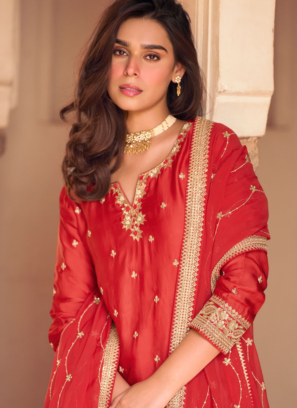 Palazzo Suit Embroidered Red T8551
