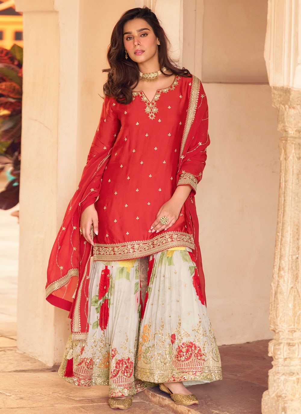 Palazzo Suit Embroidered Red T8551