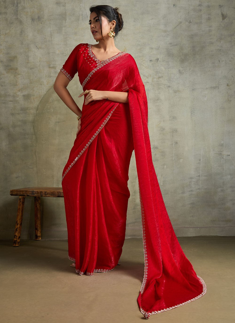 Red Chiffon Contemporary Saree Embroidered S19823