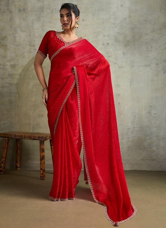 Red Chiffon Contemporary Saree Embroidered S19823