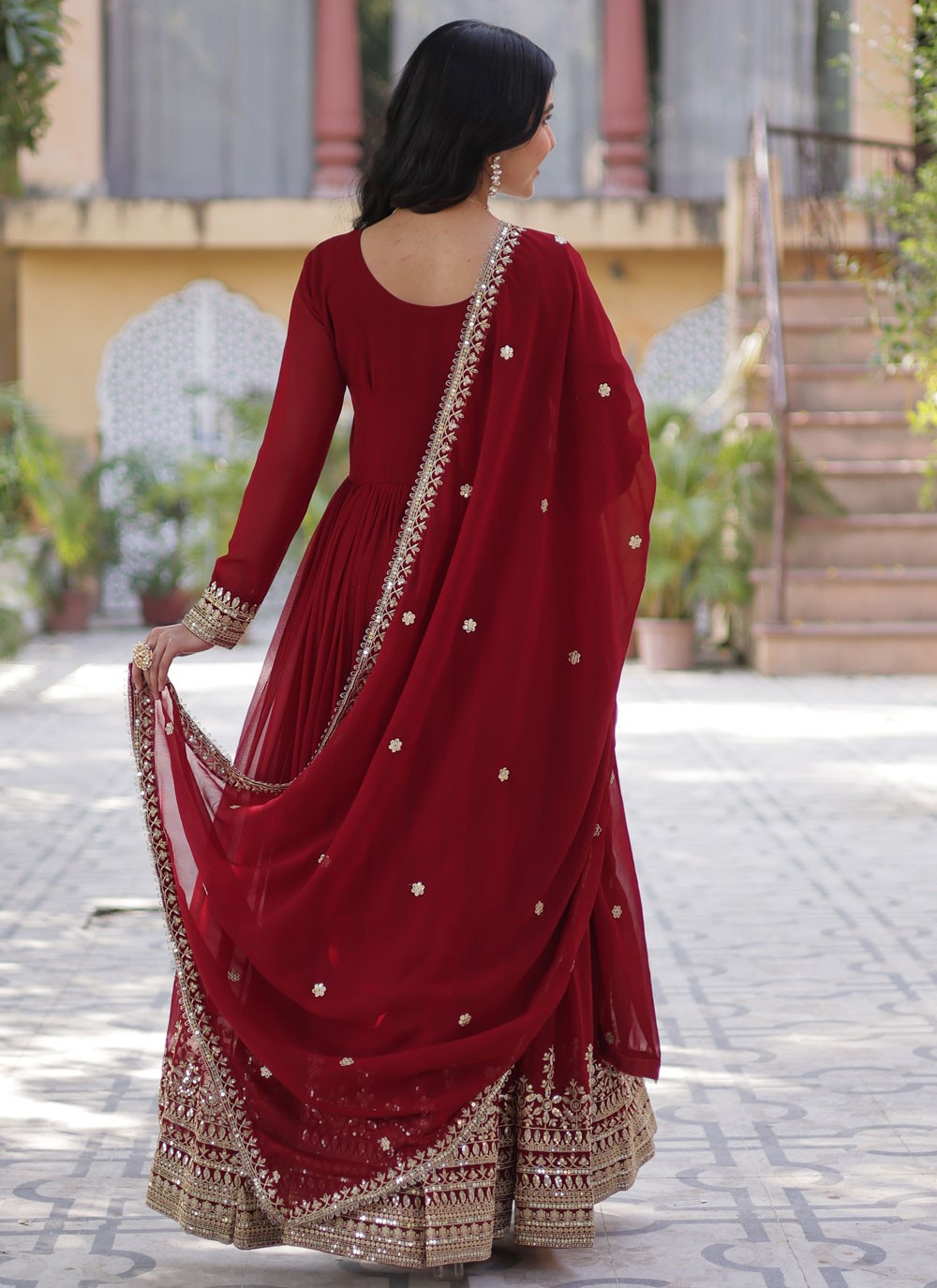 Embroidered Faux Georgette Red Gown G19804