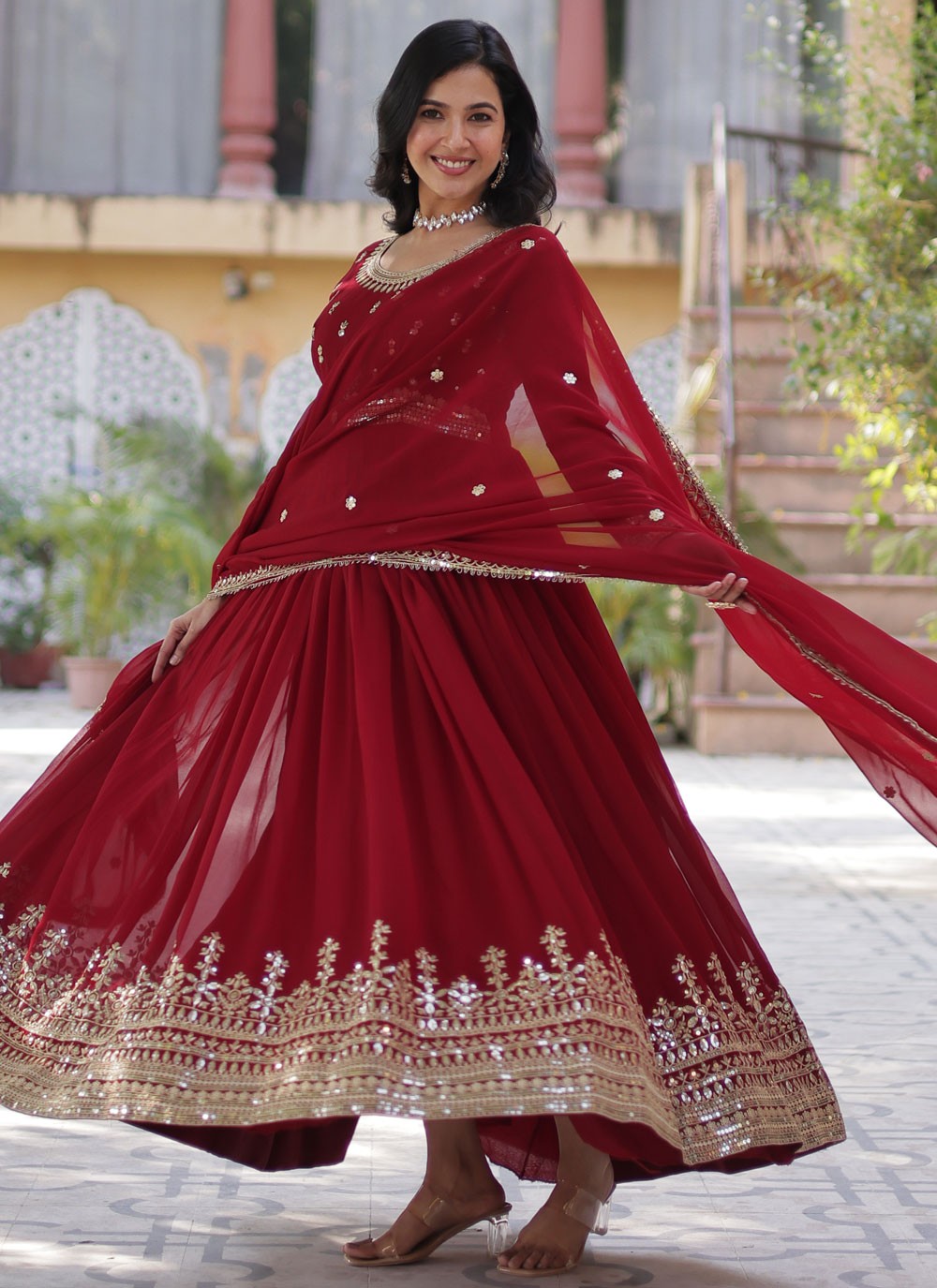 Embroidered Faux Georgette Red Gown G19804