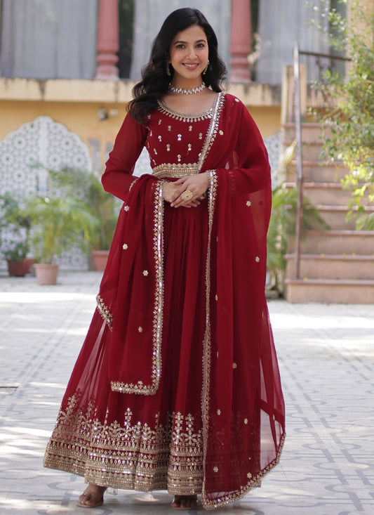 Embroidered Faux Georgette Red Gown G19804