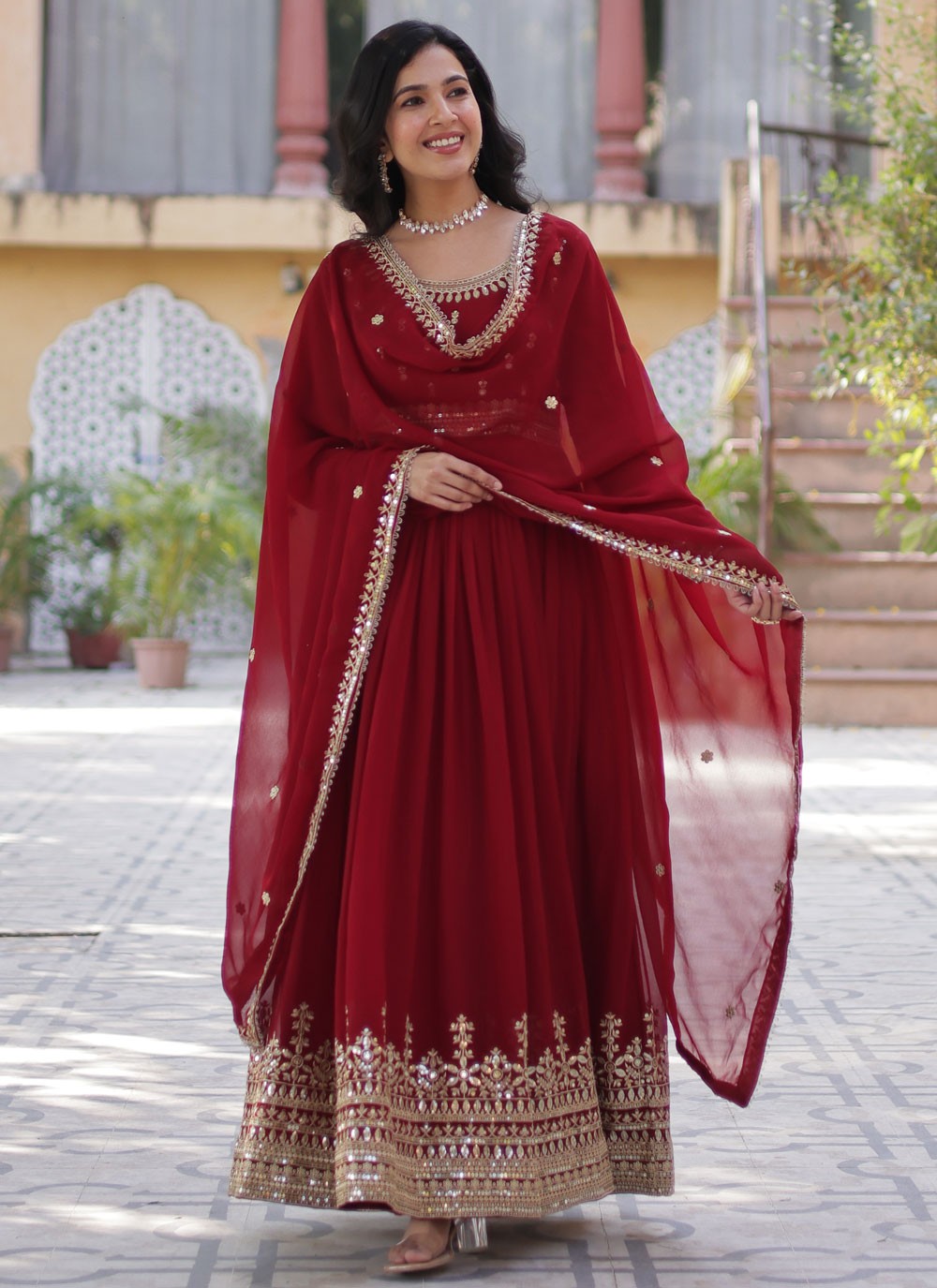 Embroidered Faux Georgette Red Gown G19804