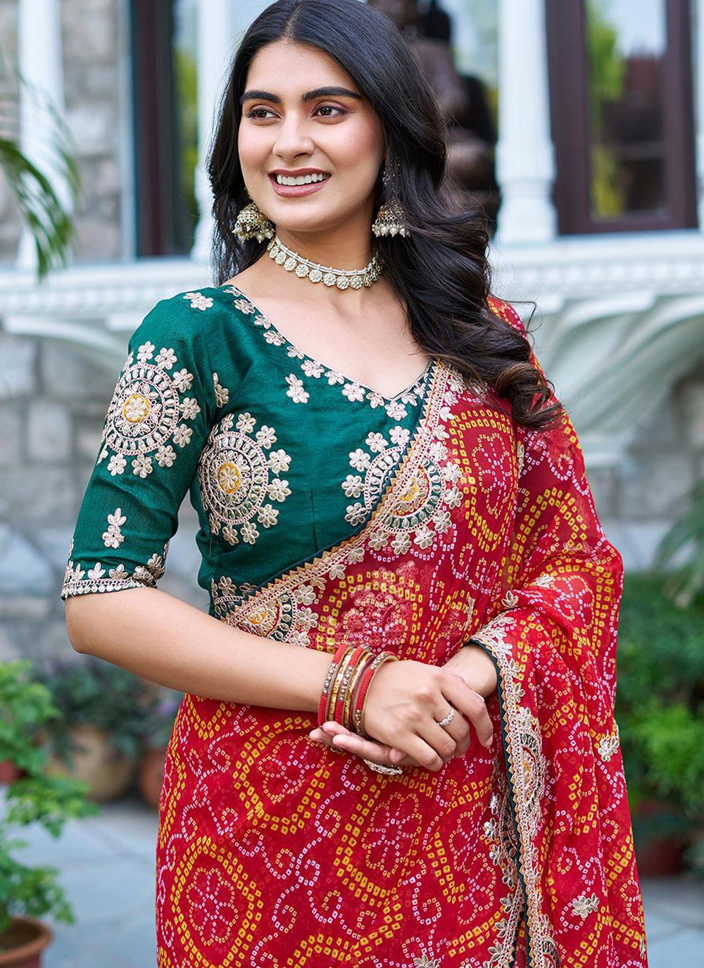 Red Fancy Fabric Classic Saree Embroidered, Foliage Prints, Lace, Zari S16779