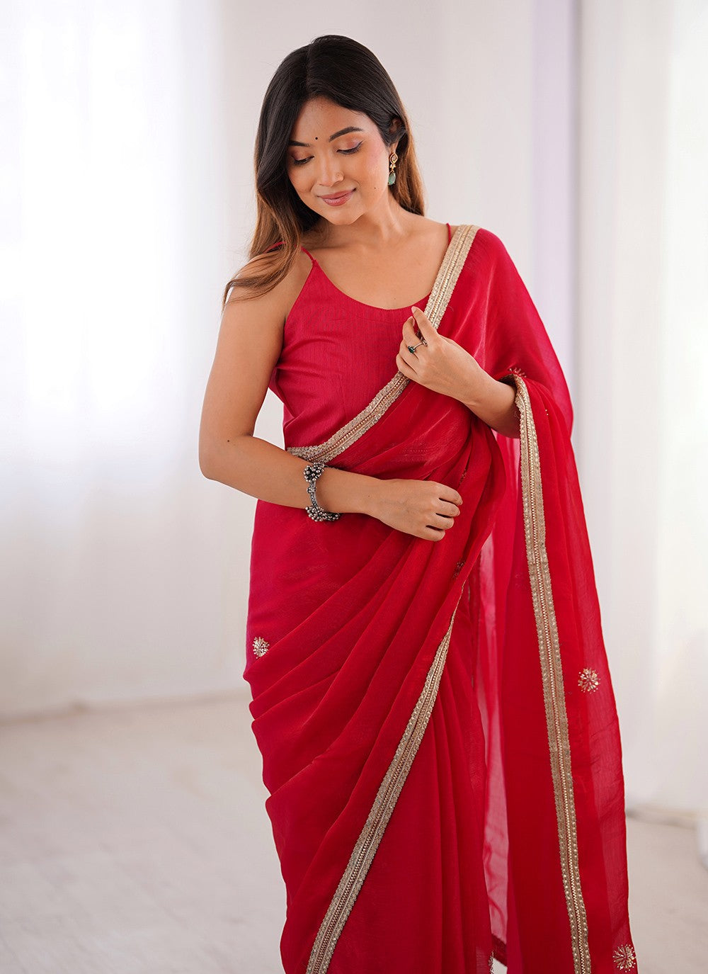 Red Fandy Trendy Saree Beads, Sequins S16230