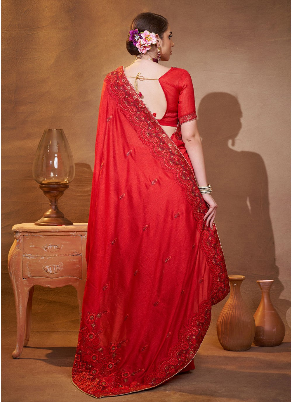 Embroidered Vichitra Silk Red Saree S14457