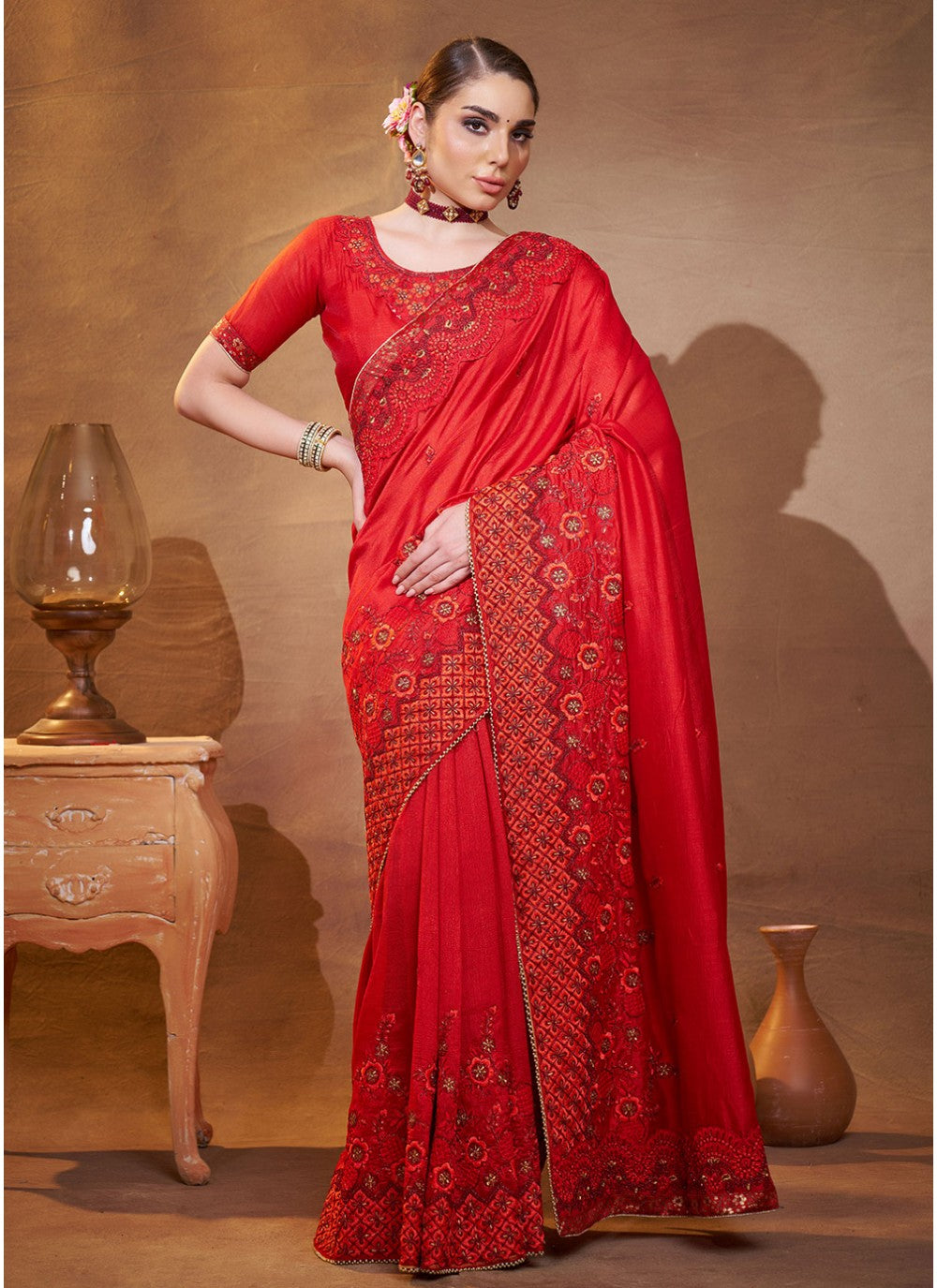Embroidered Vichitra Silk Red Saree S14457